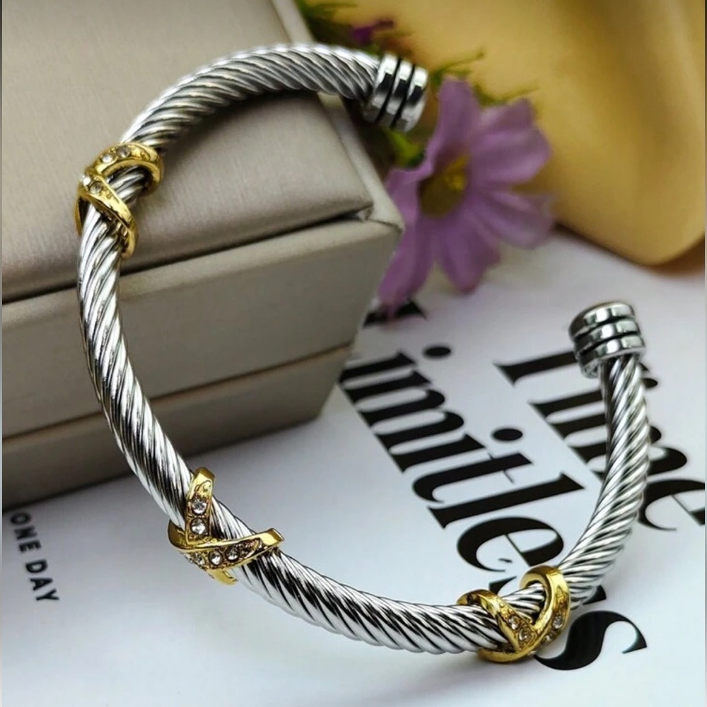 Elegant Twisted Cable Stainless Steel Cuff Bracelet with Zircon Ends